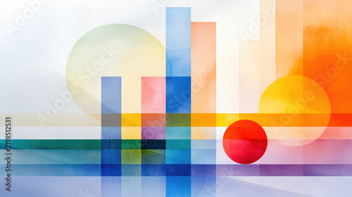 Abstract geometric shapes create harmonious composition with vibrant colors and soft gradients, evoking sense of calm and creativity