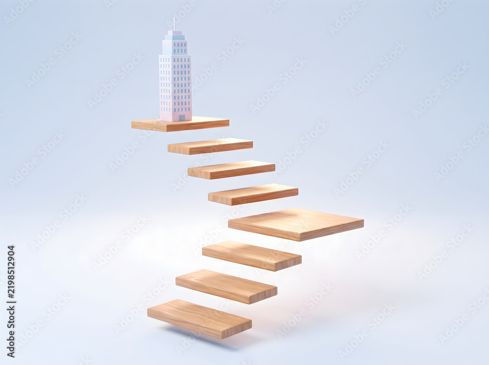Obraz premium Wooden Steps Leading to Skyscraper, Career Growth and Success Concept 3D Render