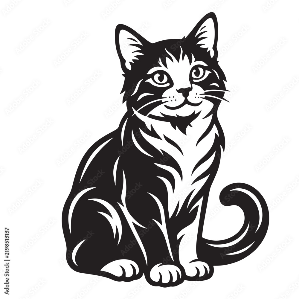 Obraz premium Cat vector illustration, black and white sitting kitty, domestic feline pet graphic design element
