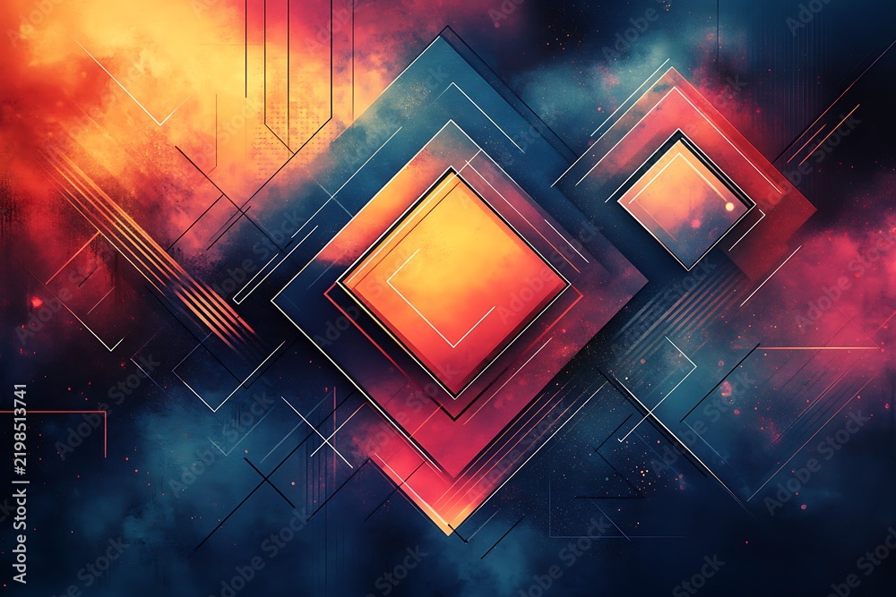 Obraz premium Dynamic glowing squares and lines create an energetic geometric visual on a vibrant background