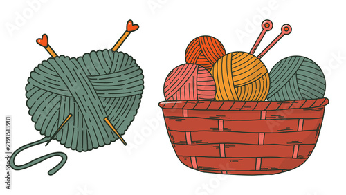 Hand drawn illustration of a heart shaped yarn ball and a basket of wool skeins with knitting needles