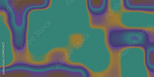 Organic fluid forms with halftone grid texture in teal and purple colors