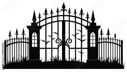 Victorian wrought iron gate cemetery perimeter wall silhouette graphic stock asset with silhouette cemetery victorian graveyard perimeter architecture illustration mysterious isolated