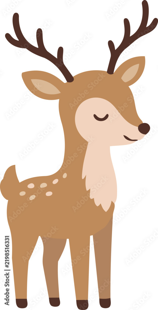 Obraz premium Cute cartoon reindeer with large antlers, closed eyes, spotted back, and warm brown coloring in a charming flat vector style.