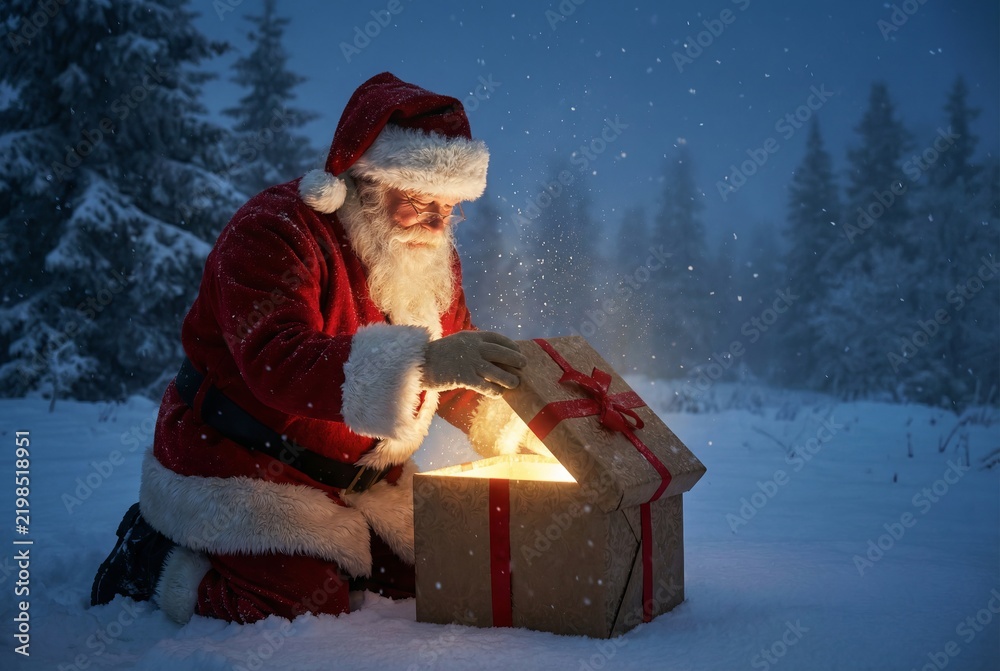 Obraz premium Santa Claus kneeling in winter snow opening a glowing magical cardboard gift box