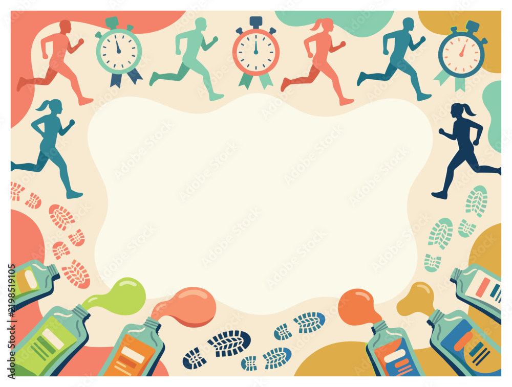 Fototapeta premium Sports and fitness vector background with runners stopwatches and bottles for marketing in flat vector style