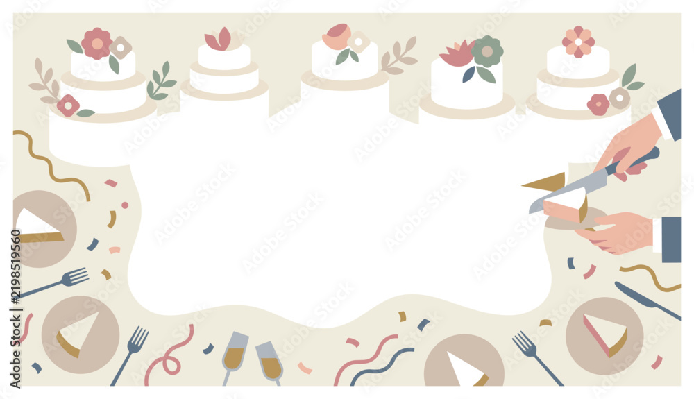 Fototapeta premium Bakery and celebration flat illustration with cakes desserts and tableware for marketing design in flat vector style