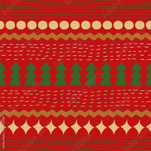 Vector geometric seamless pattern with Christmas trees and snowflakes.