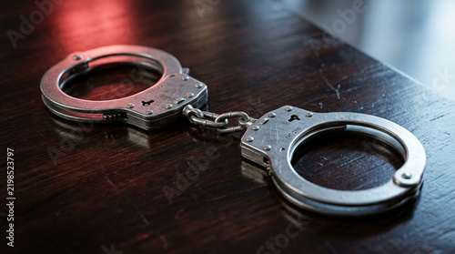 Close-up of metallic handcuffs on a wooden surface with red light reflection