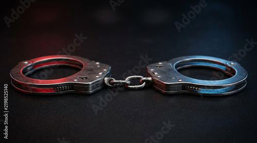 Close-up of handcuffs with red and blue police light reflection