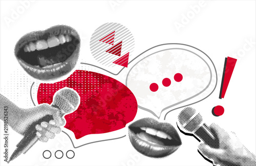 Vector collage element of two speaking mouths into microphones with speech bubbles, interview and dialogue concept, halftone newspaper style, editable vector, ready to use 