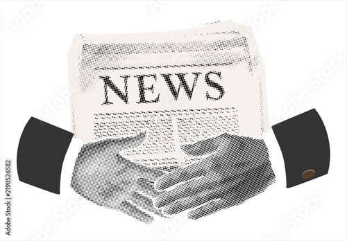 Vector collage element of two hands reaching for a handshake over a newspaper with news, agreement and partnership concept, halftone newspaper style, editable vector, ready to use