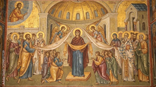 Virgin mary holding veil over saint, orthodox icon, religious fresco, intercession, divine protection, cathedral mural, byzantine style, mother of god, kneeling prayer, believer congregation.
