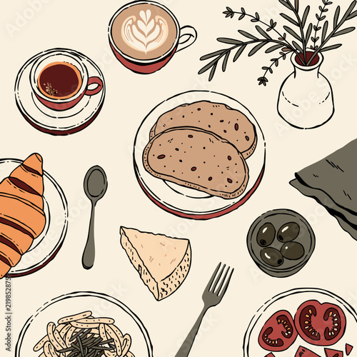 Original top-down illustrated scene of a cozy breakfast table featuring coffee, bread, croissant, pasta, and salad