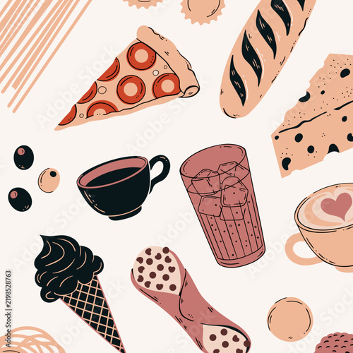 Original premium Italian culinary illustration featuring pizza, bread, cheese, coffee, ice cream, and traditional food