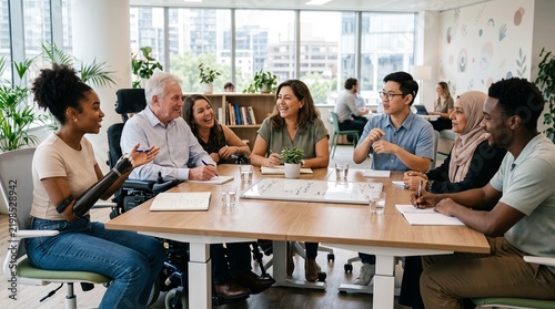 Diverse professional team collaborating in a modern office meeting with inclusive atmosphere