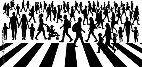 Crowd crossing urban street vector silhouette illustration