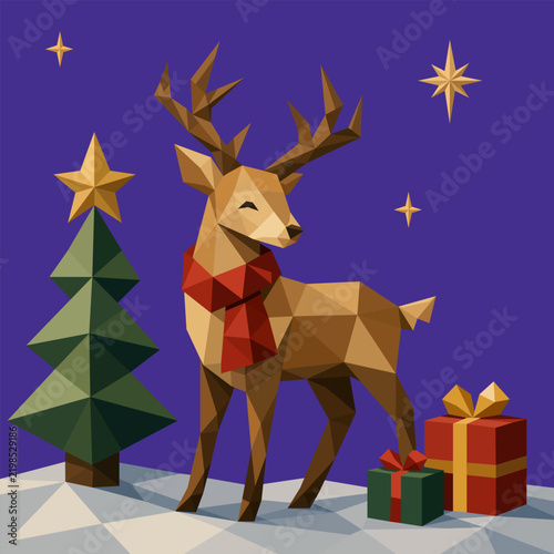 Geometric low-poly Christmas vector illustration of a cute reindeer wearing a red scarf, standing on snow next to a decorated tree and gifts under a starry dark blue night sky.