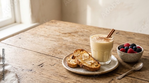 Glass of eggnog with toast and fresh berries on wooden table