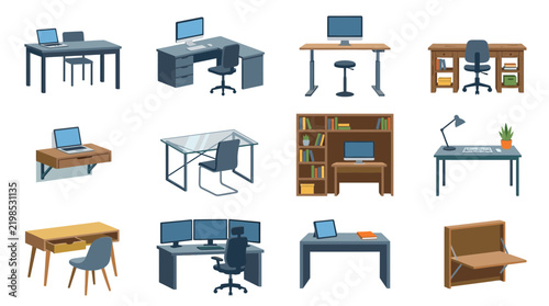 Quadro su tela Set of Various Office Desks and Workstations Illustrations