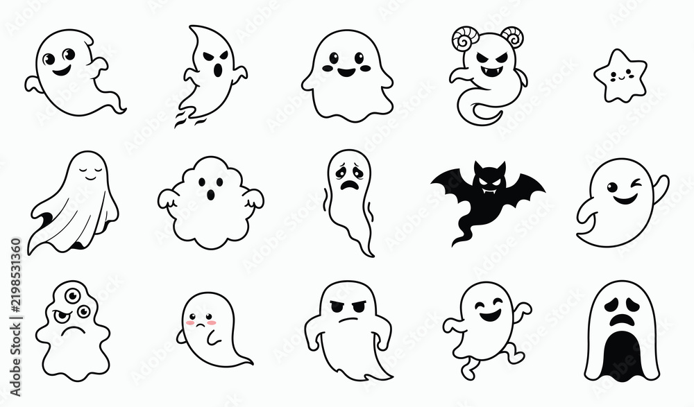 Fototapeta premium A collection of cute hand drawn spooky ghosts in a fun vector illustration set for halloween design projects