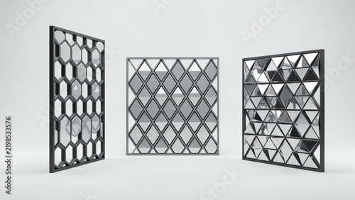 Three rectangular decorative wall panels with mirror-like honeycomb, diamond, and triangle