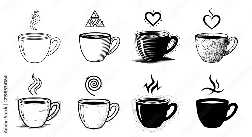 Fototapeta premium Set of eight hand drawn coffee cup icons with steam smoke heart triangle and spiral designs isolated on white background for cafe branding and restaurant menu
