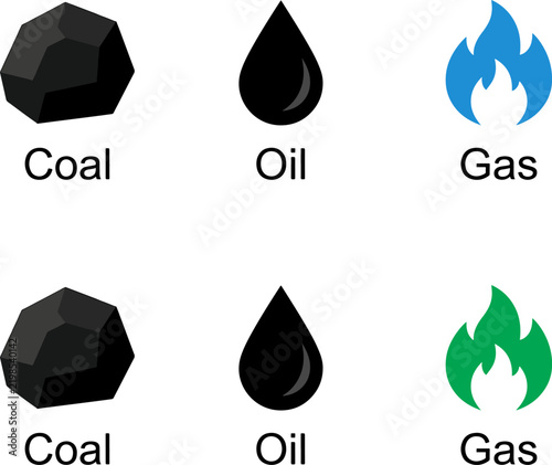 Set of energy source icons featuring coal rocks, black oil drops, and blue or green flame symbols with text labels also transparent background