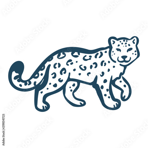 Hand drawn snow leopard in winter line art, isolated on white background, featuring spotted fur and a mountain wildlife character for seasonal designs.