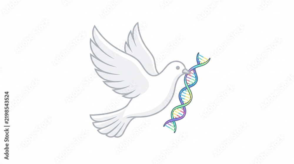 Obraz premium Minimalist illustration of a white dove flying with a colorful DNA double helix in its beak, representing bioethics, genetic research, and medical hope on a clean white background.