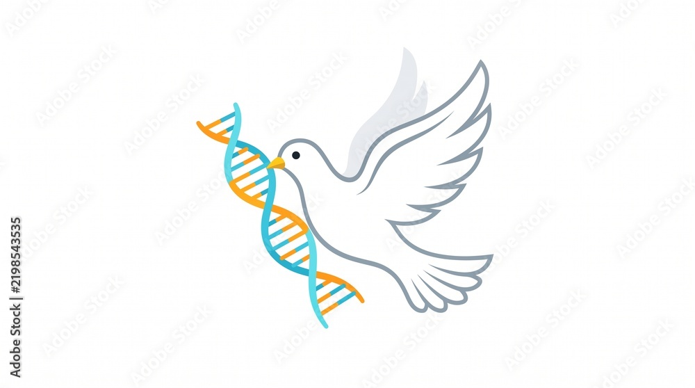 Obraz premium Minimalist illustration of a white dove carrying a DNA double helix in its beak, representing the concept of biotechnology, genetic peace, bioethics, and scientific hope on a clean white background.