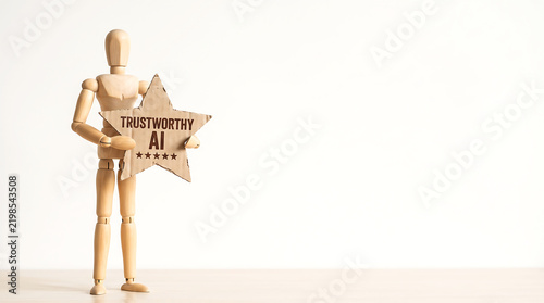 Trustworthy AI artificial intelligence ethics concept with wooden mannequin holding five star rating shape and copy space for tech website presentation banner