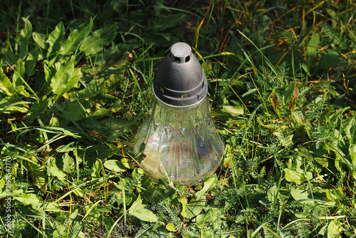 Canvastavla Glass memorial candle on grass background
