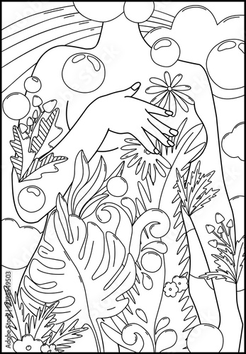 Surreal vector line art illustration featuring a female body covered with tropical plants, flowers, palm leaves, monstera, and ferns. Minimalist black and white hand-drawn line design symbolic of self