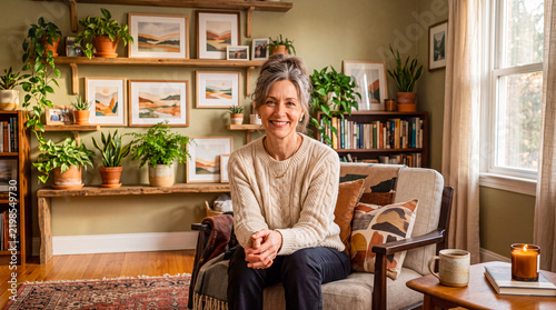 Woman sitting in her home with plants and artwork around her