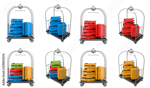 Set of Regular suitcase on hotel trolley cart for carrying baggage on white background