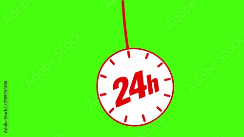 Animated red 24-hour clock icon swinging on a string against a green screen. Perfect for non-stop service, delivery, and time concepts.