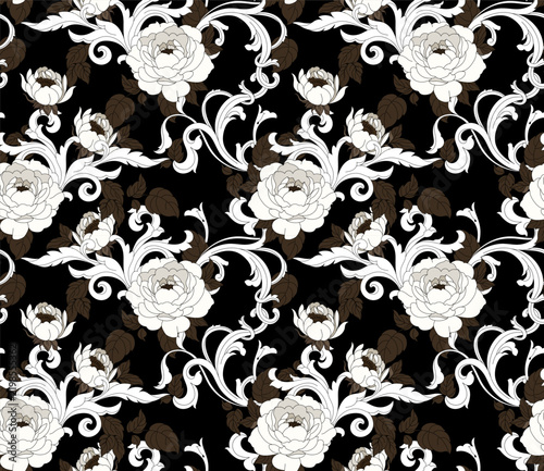 seamless flowers and baroque pattern. Hand draw textile pattern.