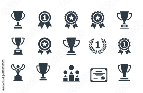 Collection of Award Icons: A set of diverse award icons including trophies, medals, ribbons, and a certificate, representing achievement and recognition in various fields.