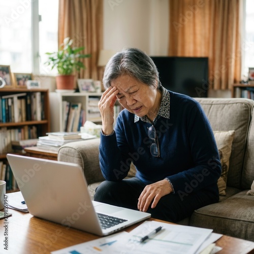 Senior Woman Experiencing Stress And Anxiety While Working On Laptop At Home