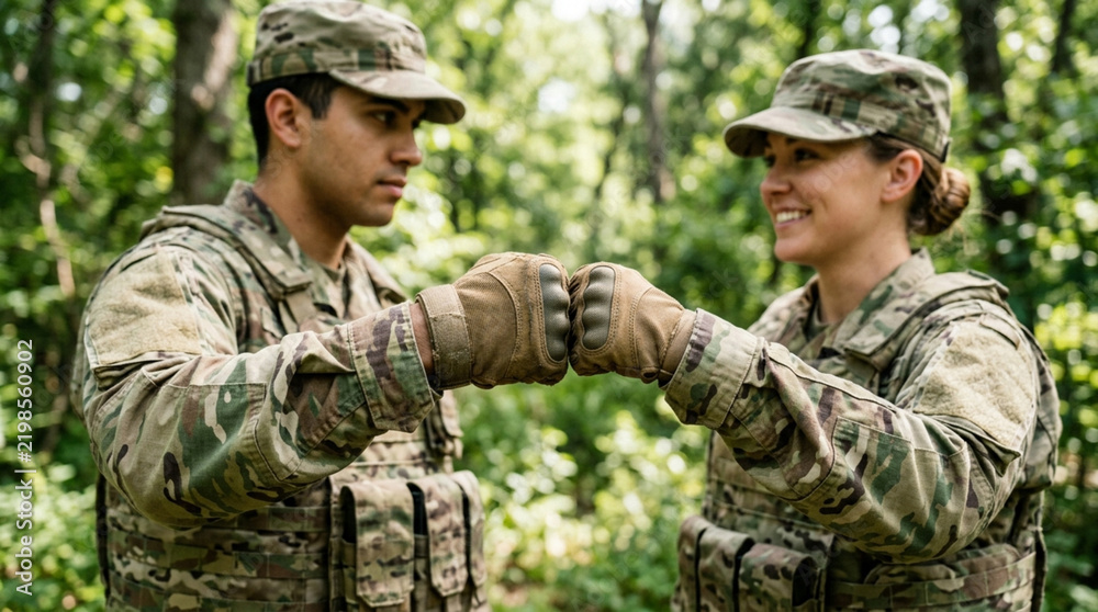 Fototapeta premium Two soldiers in camouflage uniform giving a fist bump in a forest. Unity, teamwork.