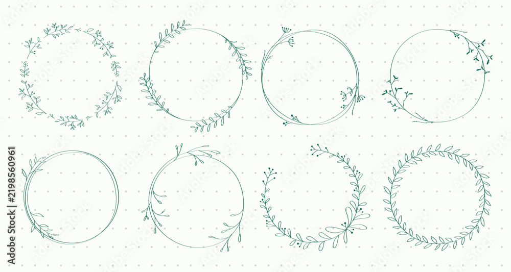 Obraz premium Vector set of eight delicate circular floral frames with minimalist leaf designs.