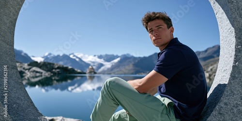 Man posing in circular stone frame overlooking a placid alpine lake and snowy peaks for contemplative outdoor portrait and travel imagery