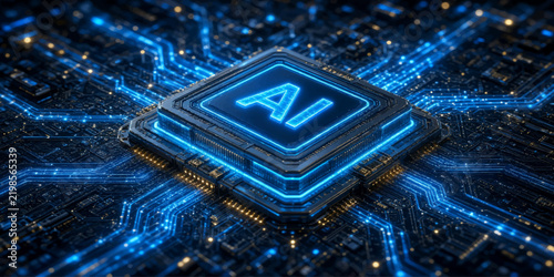 Artificial intelligence microchip processor on a glowing motherboard background with circuit board machine learning blue light tech background data flow microchip motherboard processor