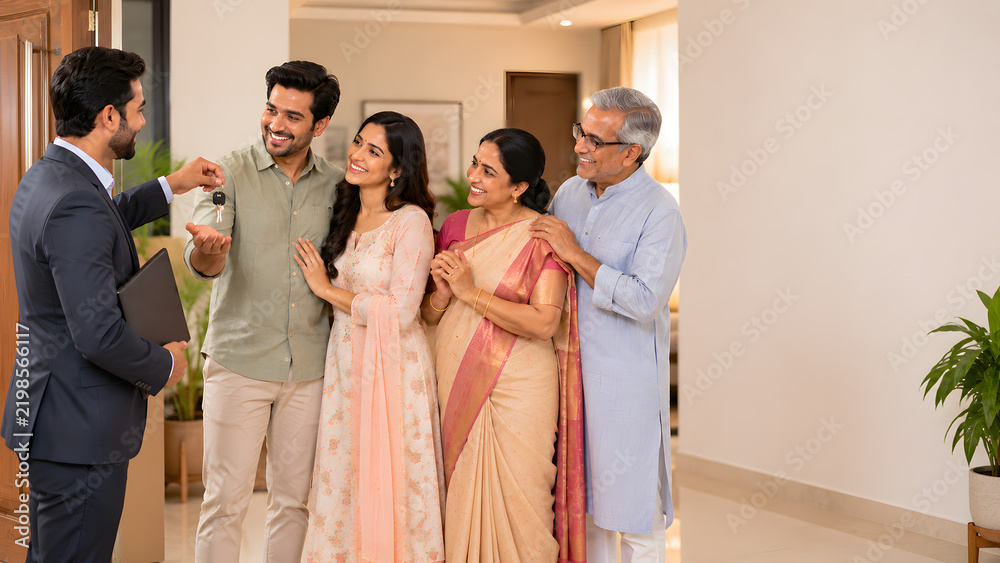 Fototapeta premium Indian Family Receiving New Home Keys from Real Estate Agent