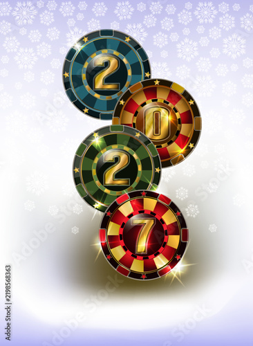 Happy new year 2027 card with casino xmas poker chip. vector illustration