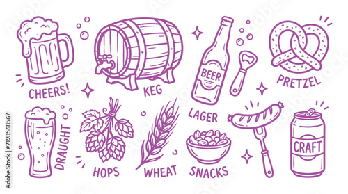 Beer and brewery themed hand drawn outline set featuring keg bottle glass hops wheat sausage and snacks on white