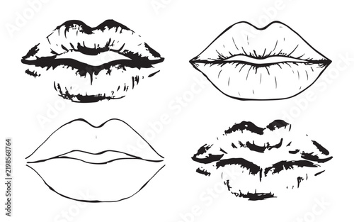 Collection of artistic female lips prints and hand drawn outlines for beauty and fashion design use.