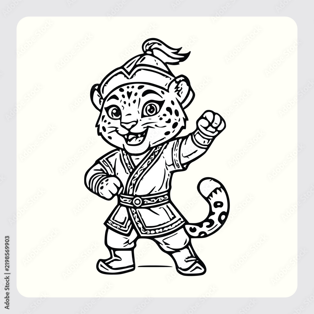 Obraz premium Cute snow leopard mascot in traditional nomad clothing black and white line art vector