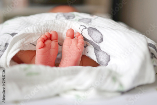 фотографія Tiny newborn feet peeking from a soft muslin blanket